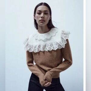 NWT Zara Combination Wool Blend Sweater with Lace Collar